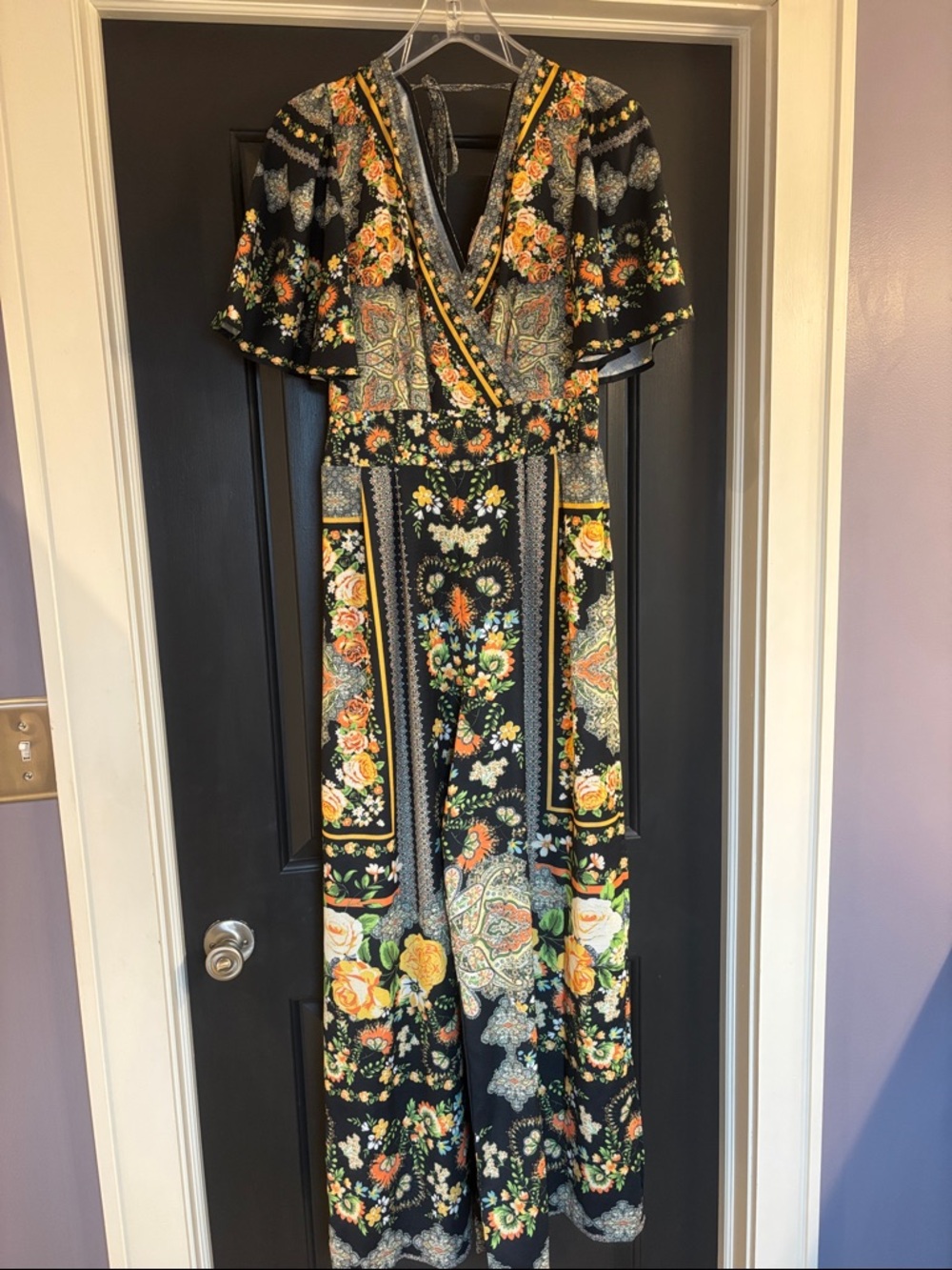 Black Floral Jumpsuit with Yellow & Green Accents